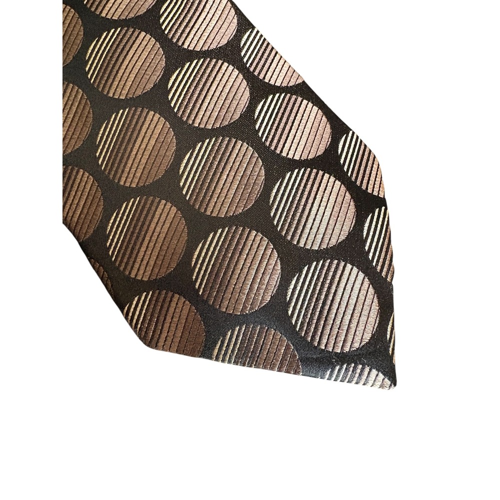 Arrow Men's Silk Necktie Brown Tan Black Geometric Circle Pattern USA 59 x 3.75
